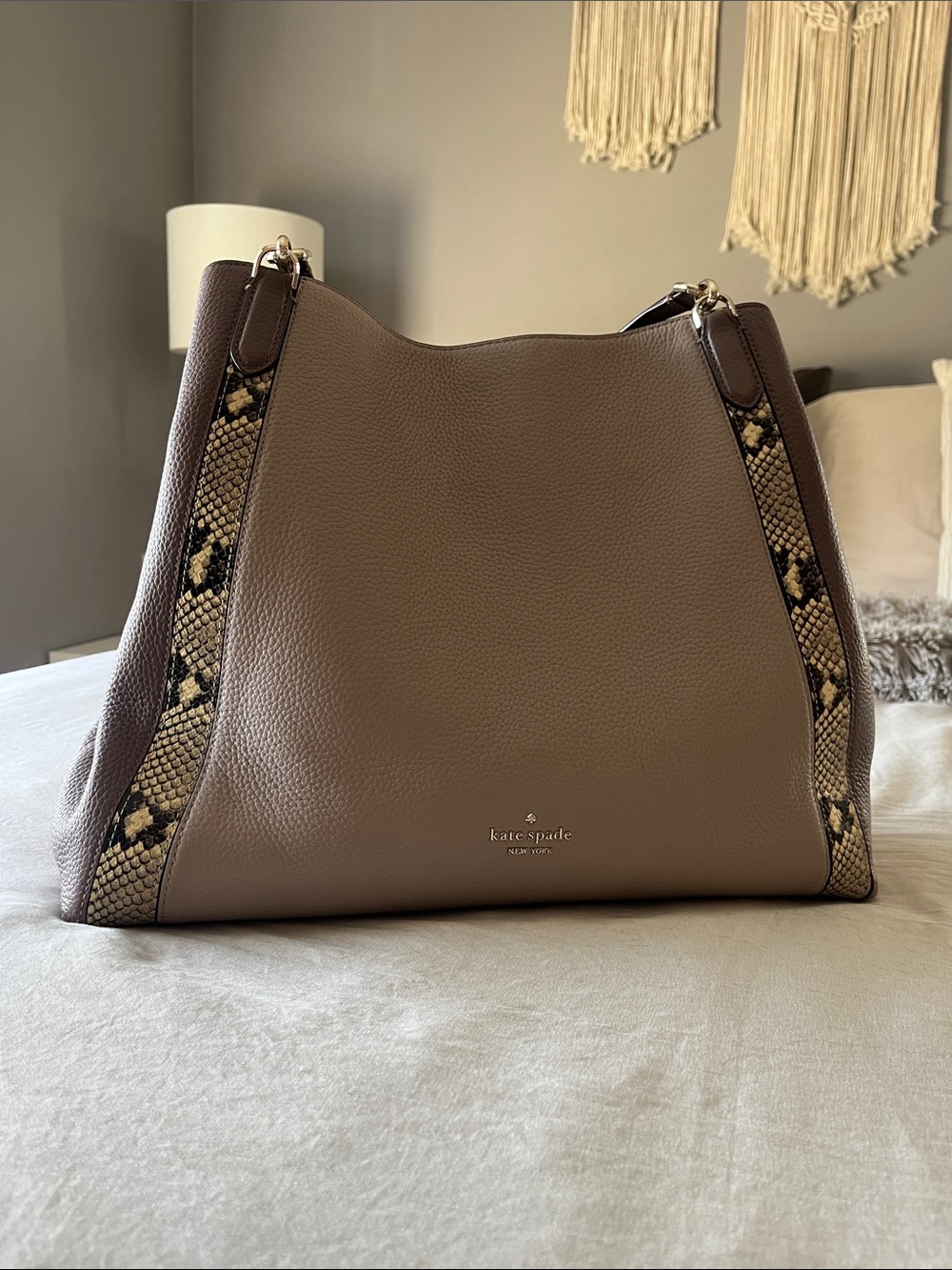 kate spade Taupe Pebbled Leather Shoulder Bag with Snake-Print Trim
